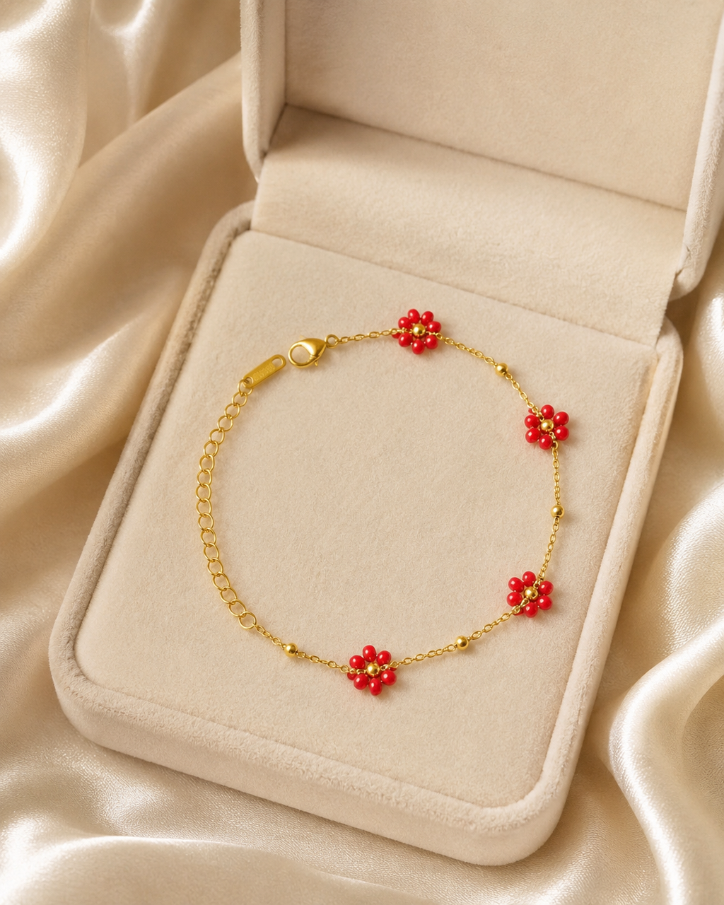 Red Floral Station Gold-Plated Bracelet