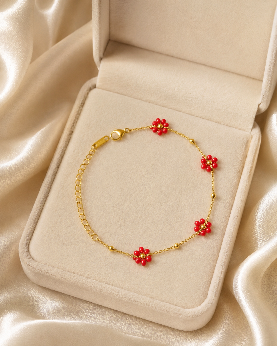 Red Floral Station Gold-Plated Bracelet