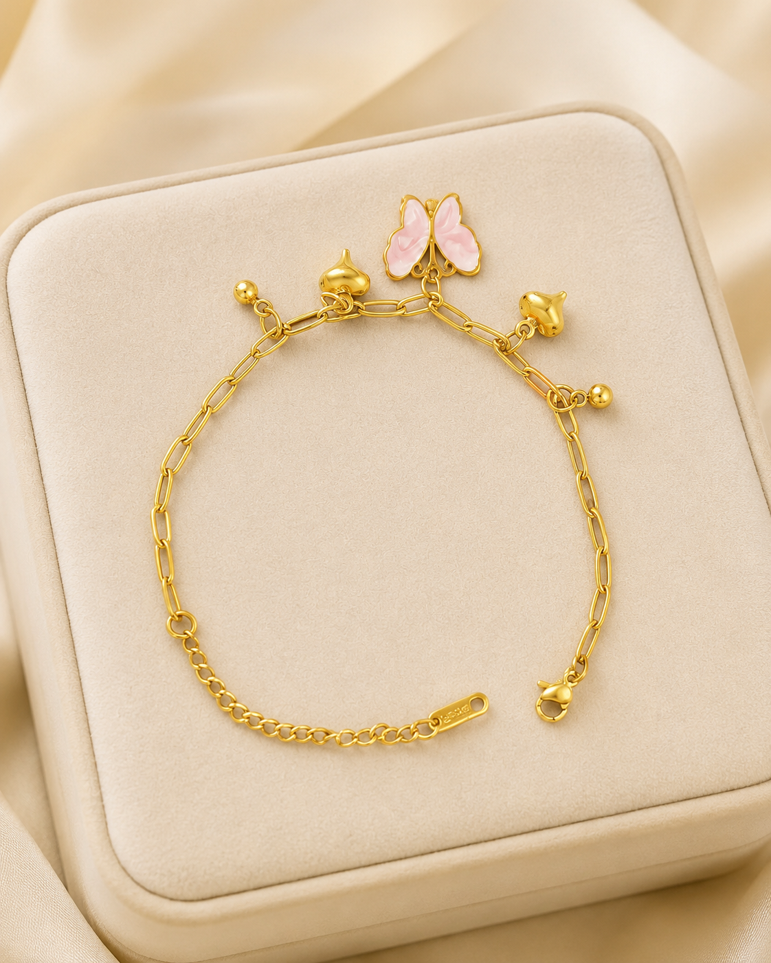 Pink Butterfly & Heart Charm Gold-Plated Bracelet