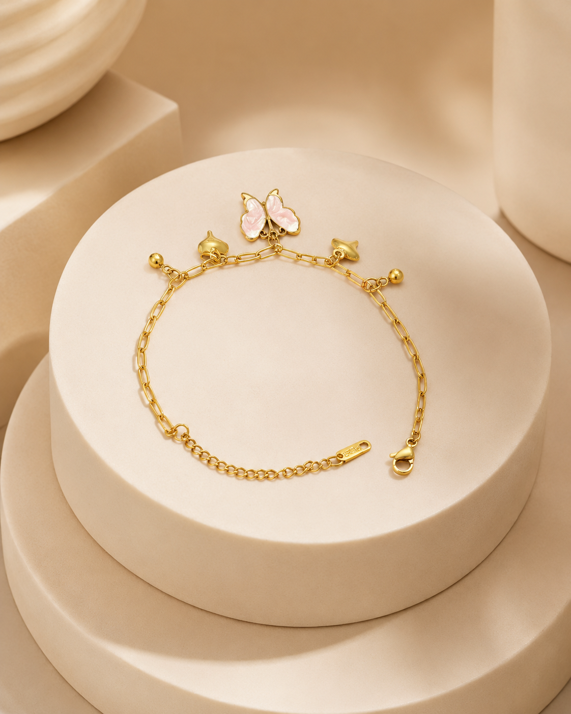 Pink Butterfly & Heart Charm Gold-Plated Bracelet