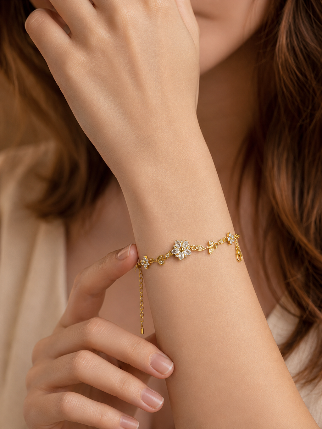 White Floral & Leaf Crystal Gold-Plated Bracelet