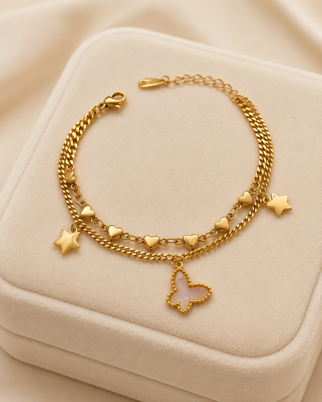 Pink Butterfly, Heart & Star Double-Layer Gold-Plated Bracelet