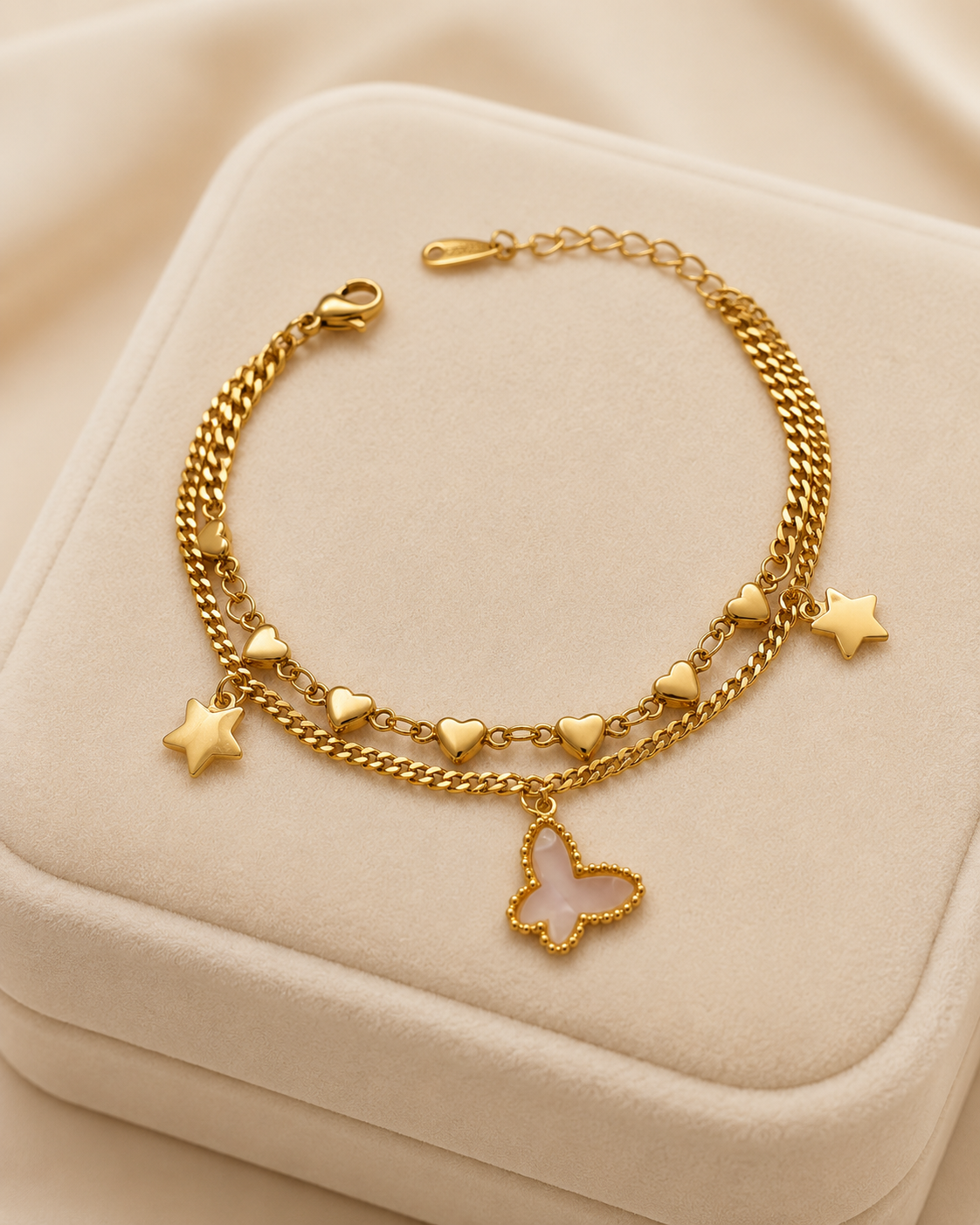 Pink Butterfly, Heart & Star Double-Layer Gold-Plated Bracelet