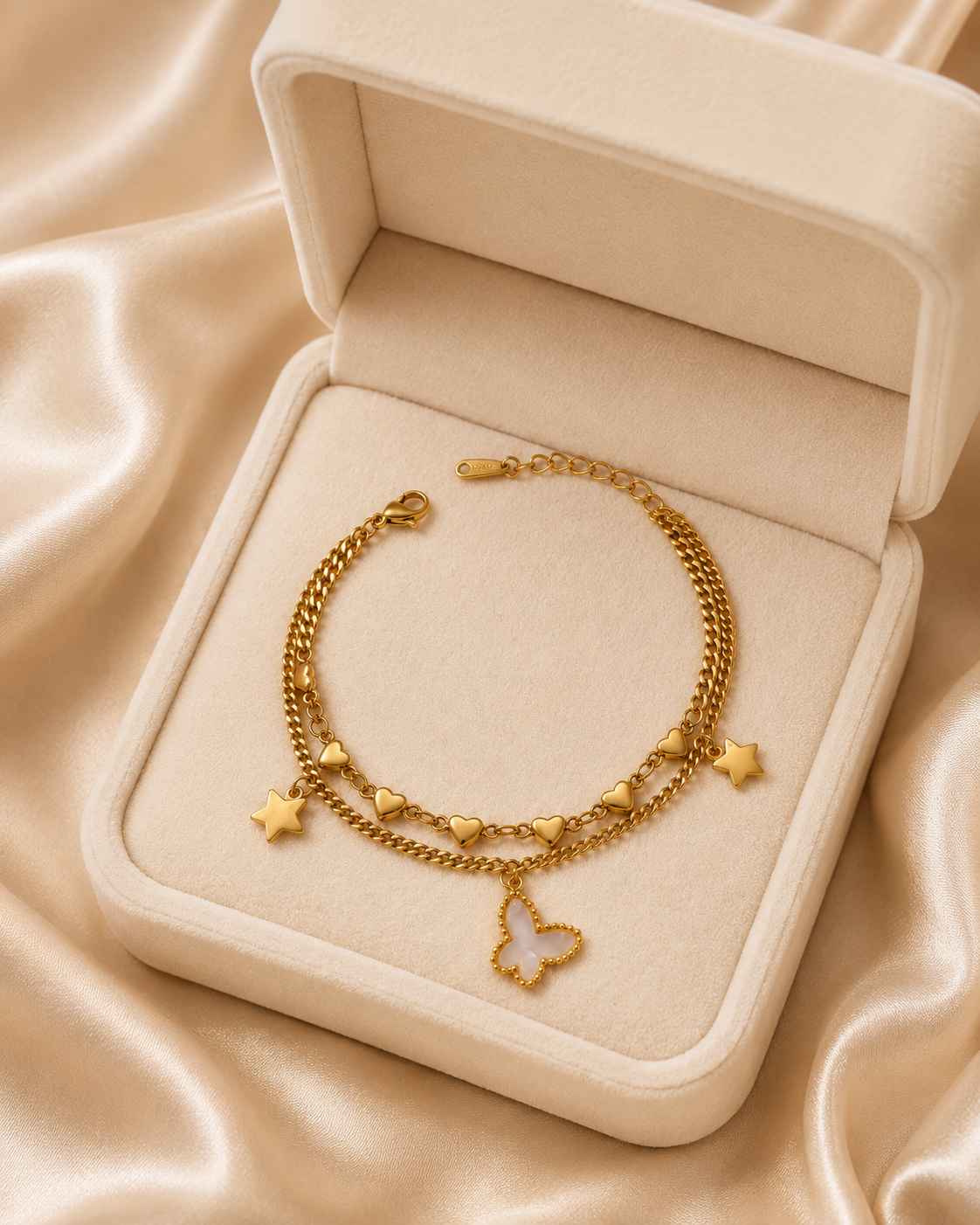 Pink Butterfly, Heart & Star Double-Layer Gold-Plated Bracelet
