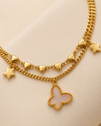 Pink Butterfly, Heart & Star Double-Layer Gold-Plated Bracelet
