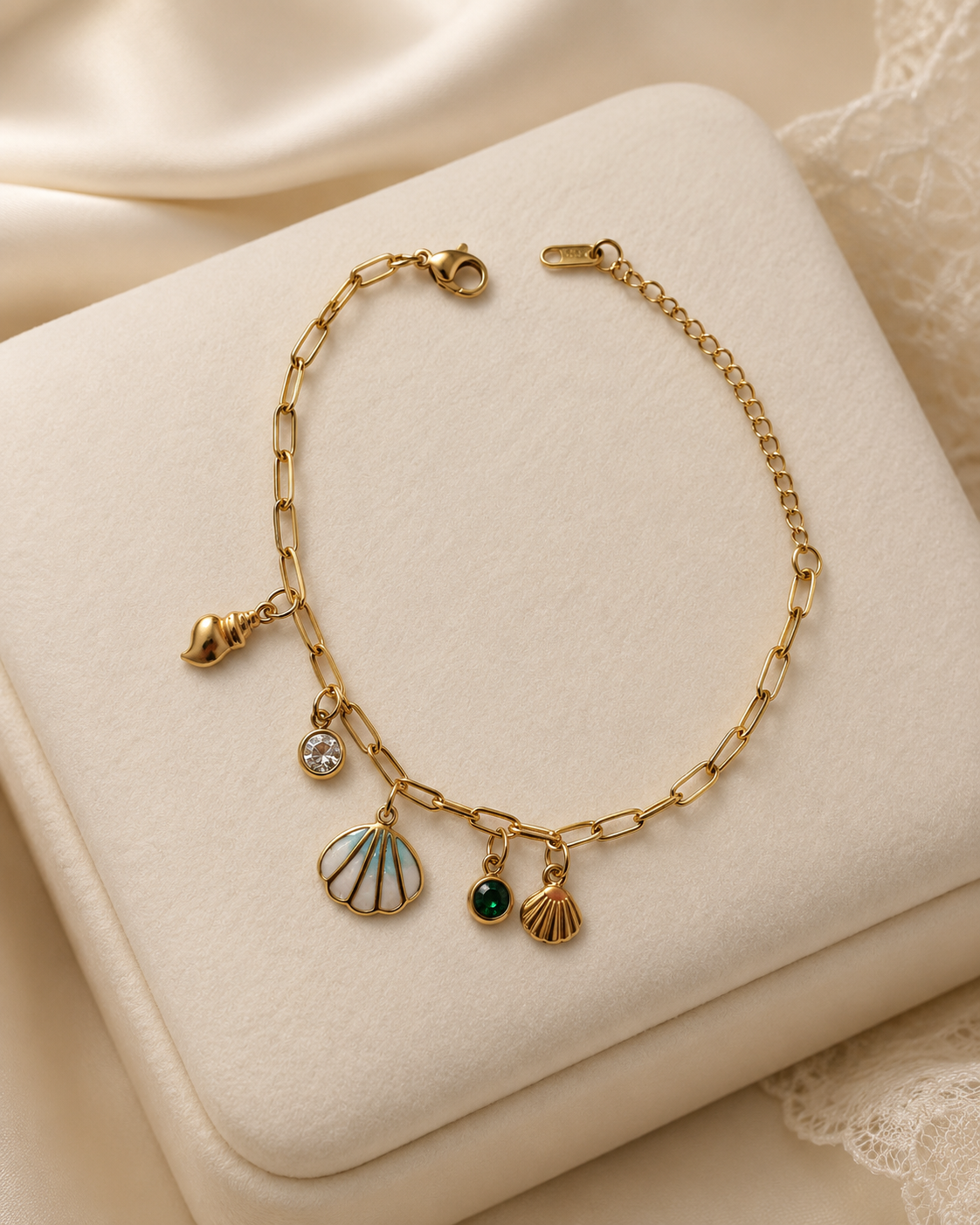 Seashell & Green Crystal Charm Gold-Plated Bracelet