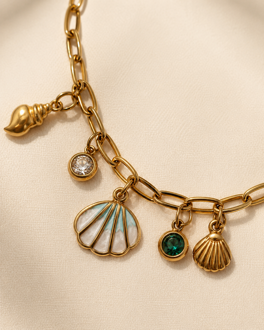 Seashell & Green Crystal Charm Gold-Plated Bracelet