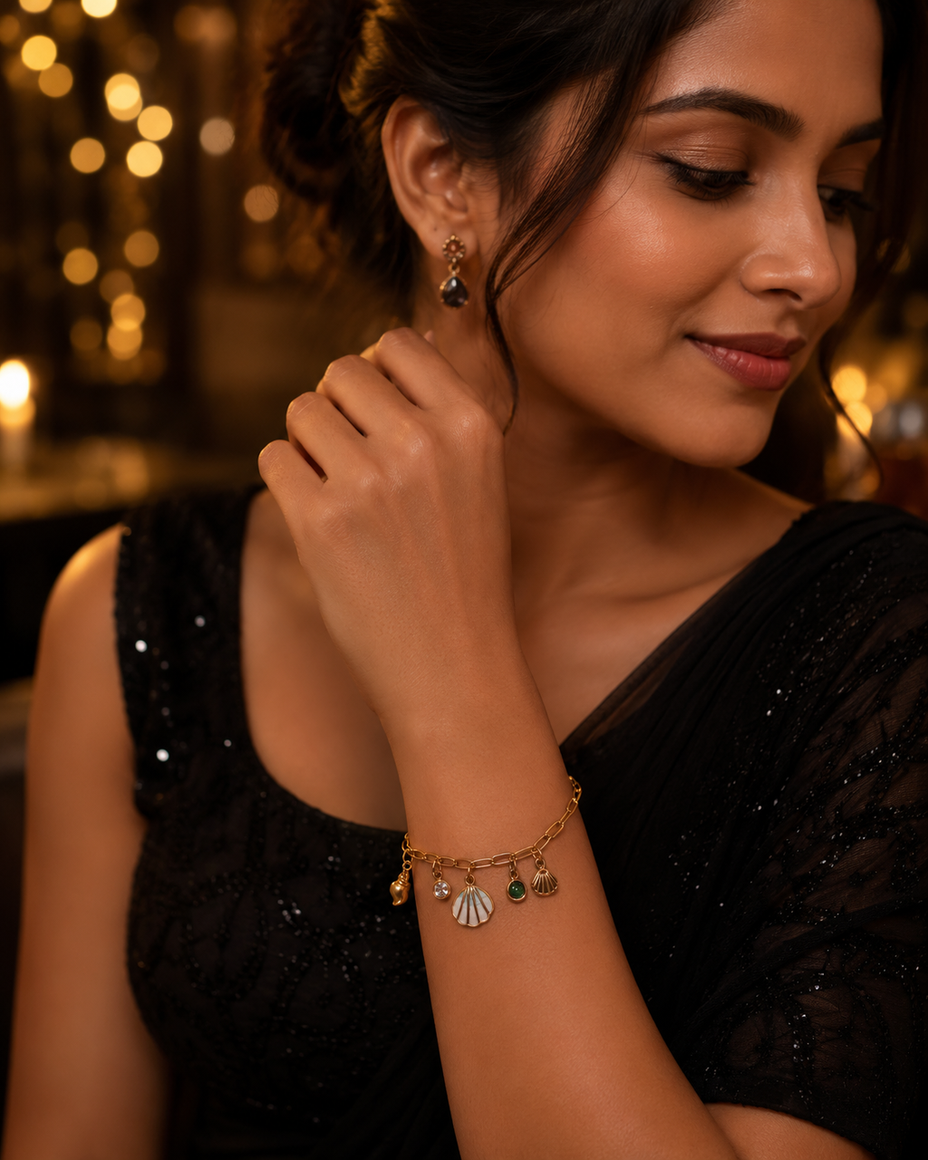 Seashell & Green Crystal Charm Gold-Plated Bracelet