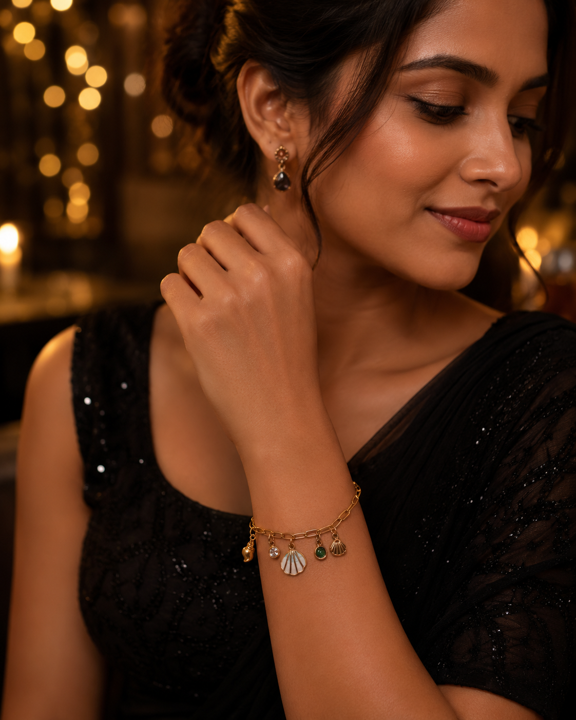 Seashell & Green Crystal Charm Gold-Plated Bracelet