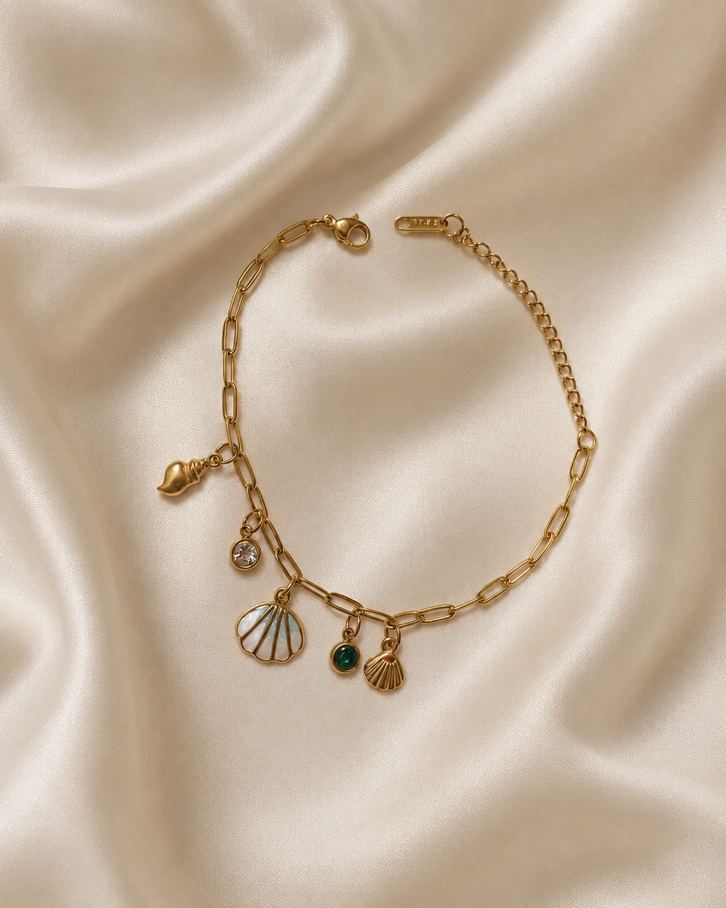 Seashell & Green Crystal Charm Gold-Plated Bracelet