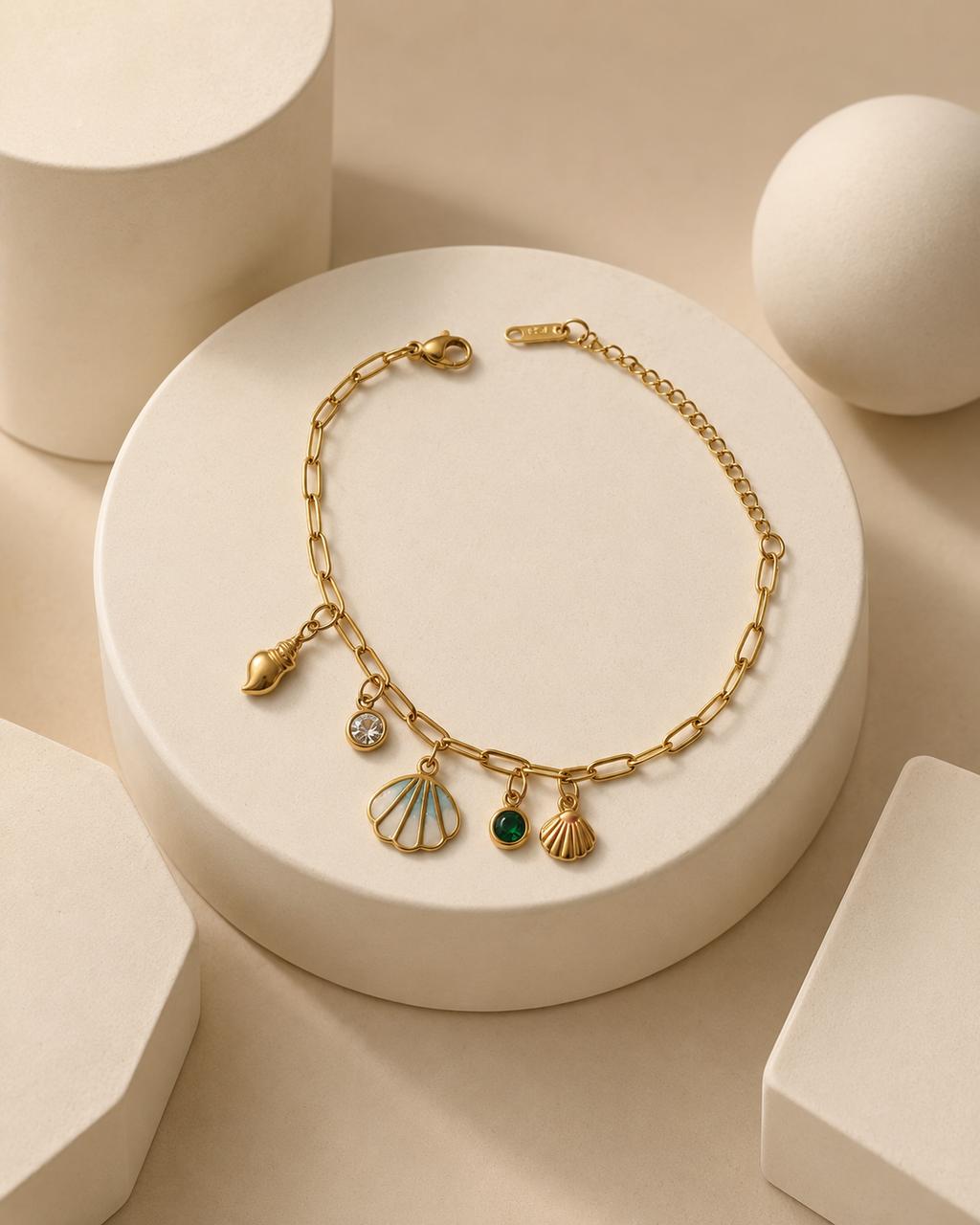 Seashell & Green Crystal Charm Gold-Plated Bracelet