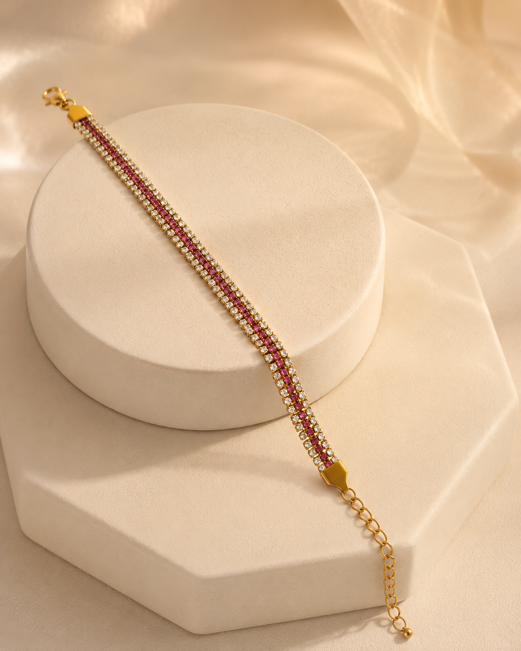 Pink & Clear Multi-Row Crystal Gold-Plated Bracelet
