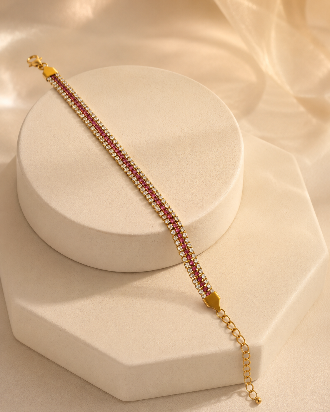 Pink & Clear Multi-Row Crystal Gold-Plated Bracelet
