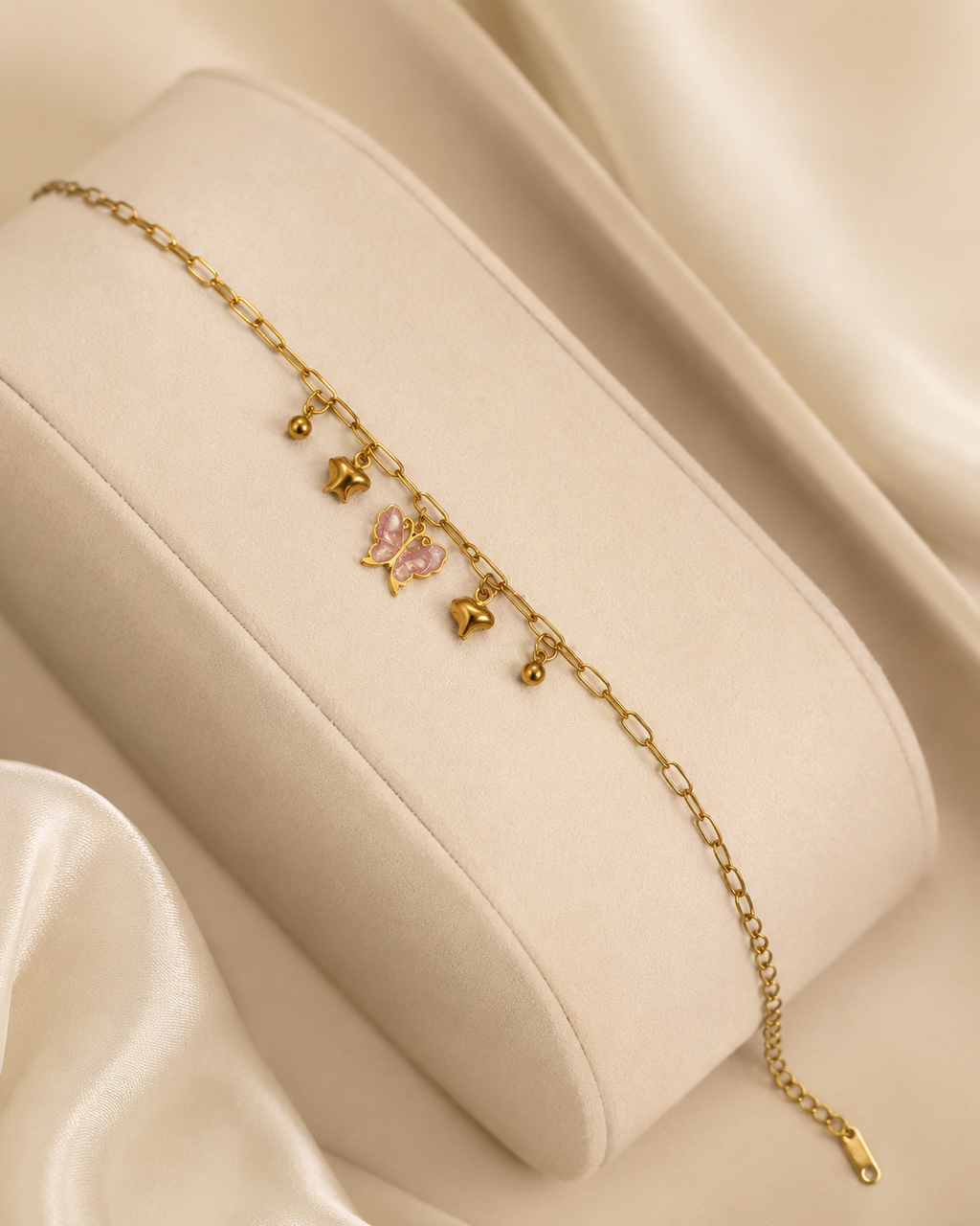 Pink Butterfly & Heart Charm Gold-Plated Bracelet