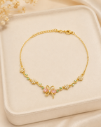 Pink Bow & Floral Crystal Gold-Plated Bracelet