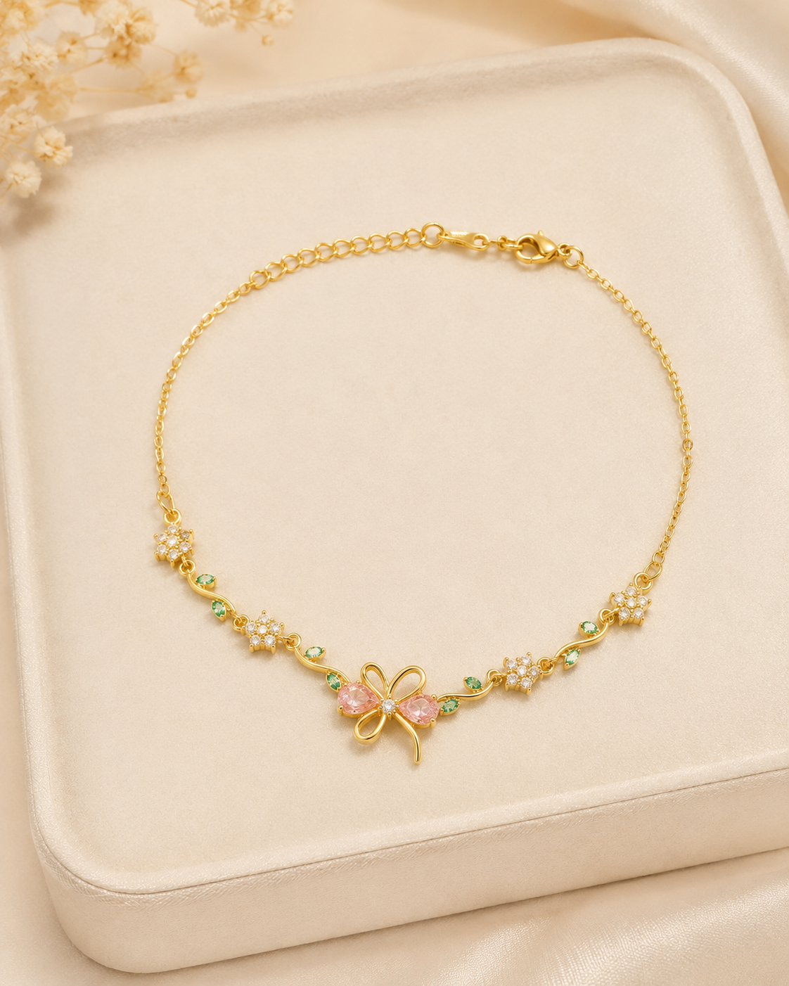 Pink Bow & Floral Crystal Gold-Plated Bracelet