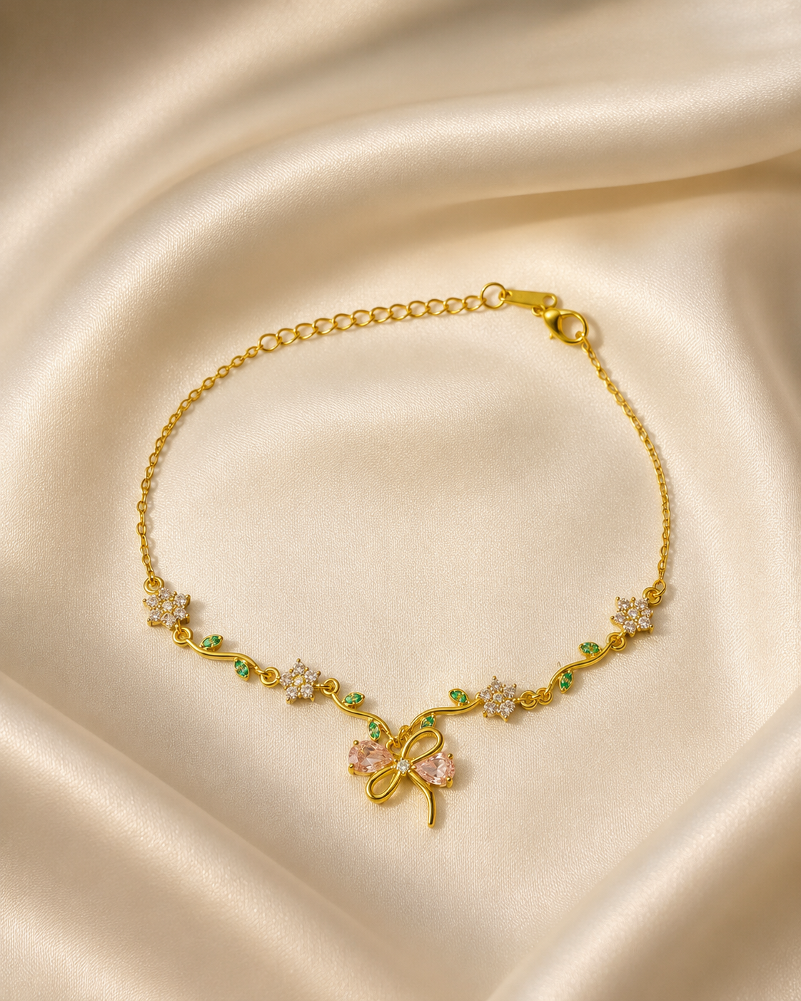 Pink Bow & Floral Crystal Gold-Plated Bracelet
