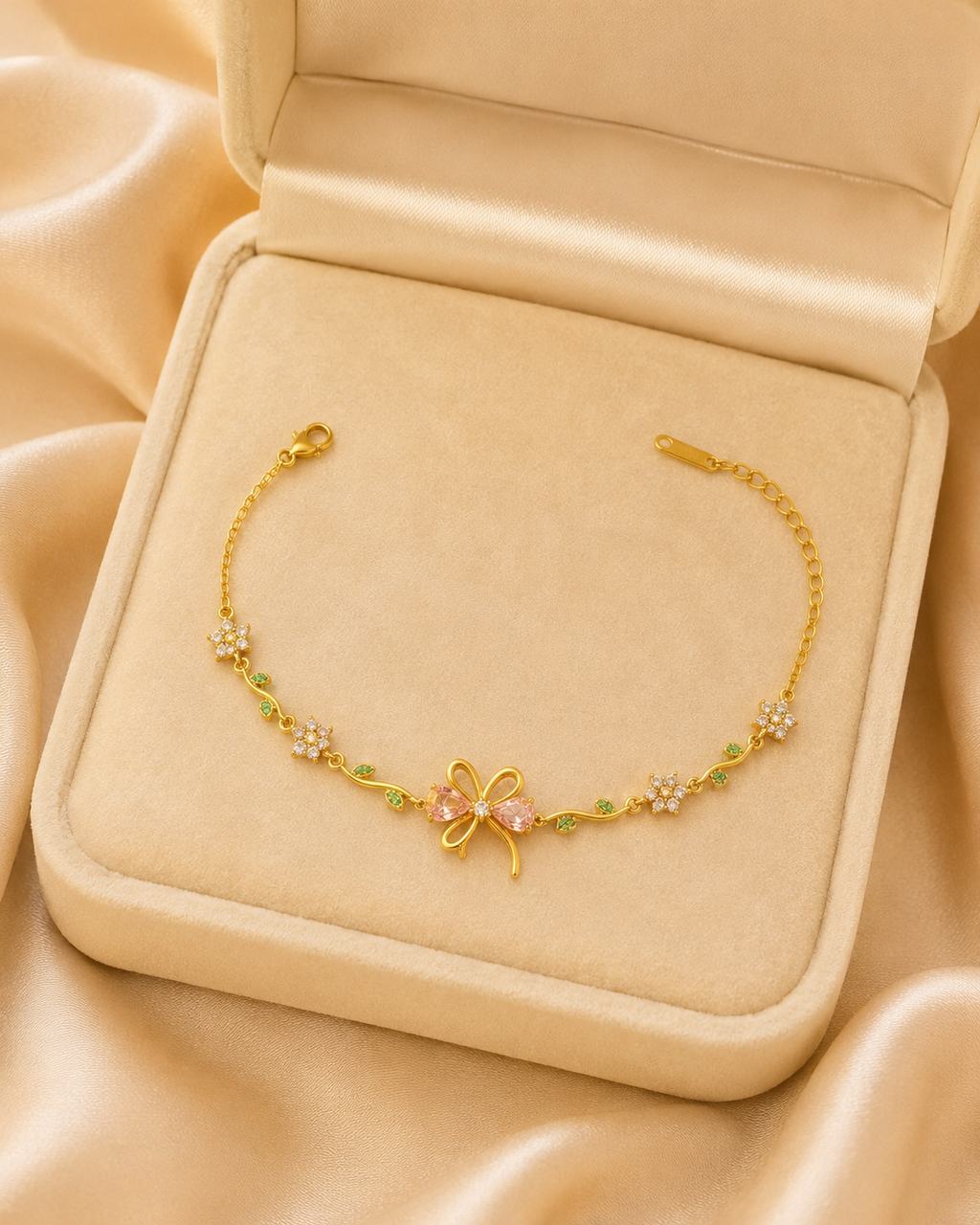 Pink Bow & Floral Crystal Gold-Plated Bracelet