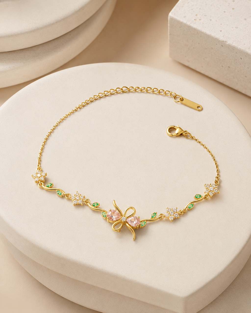 Pink Bow & Floral Crystal Gold-Plated Bracelet