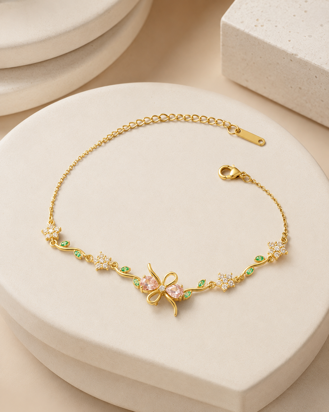 Pink Bow & Floral Crystal Gold-Plated Bracelet