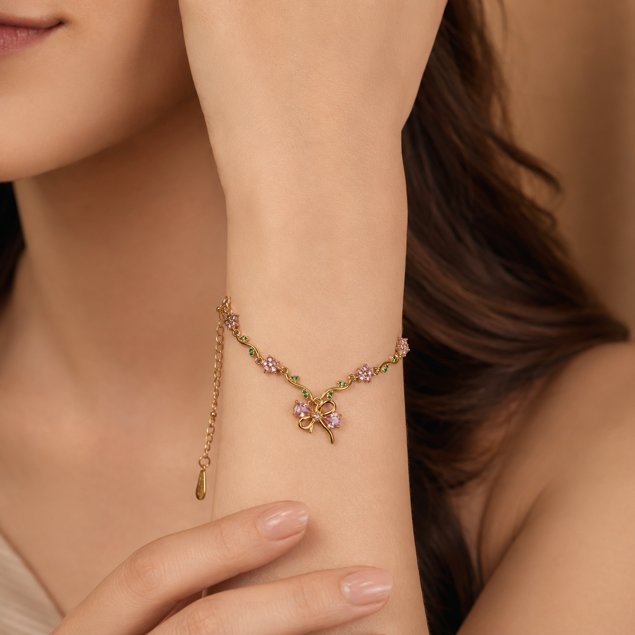 Pink Bow & Floral Crystal Gold-Plated Bracelet