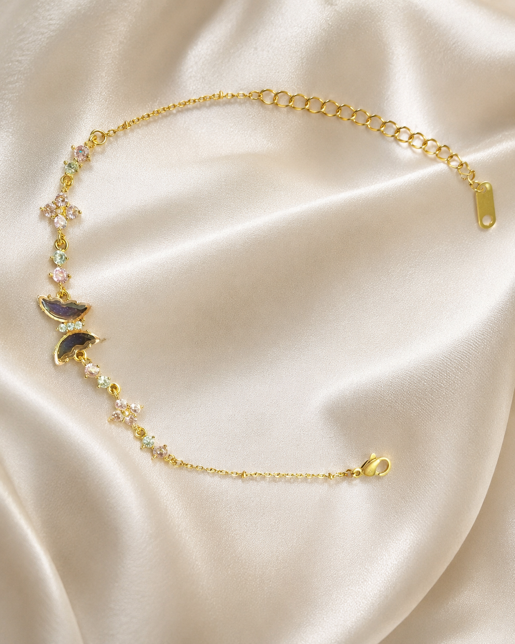 Purple Butterfly & Pink Floral Gold-Plated Bracelet