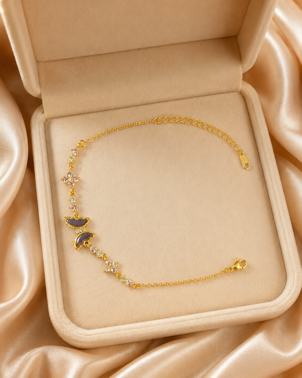 Purple Butterfly & Pink Floral Gold-Plated Bracelet