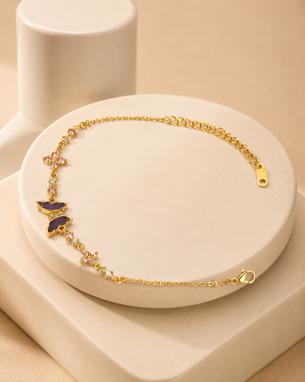 Purple Butterfly & Pink Floral Gold-Plated Bracelet