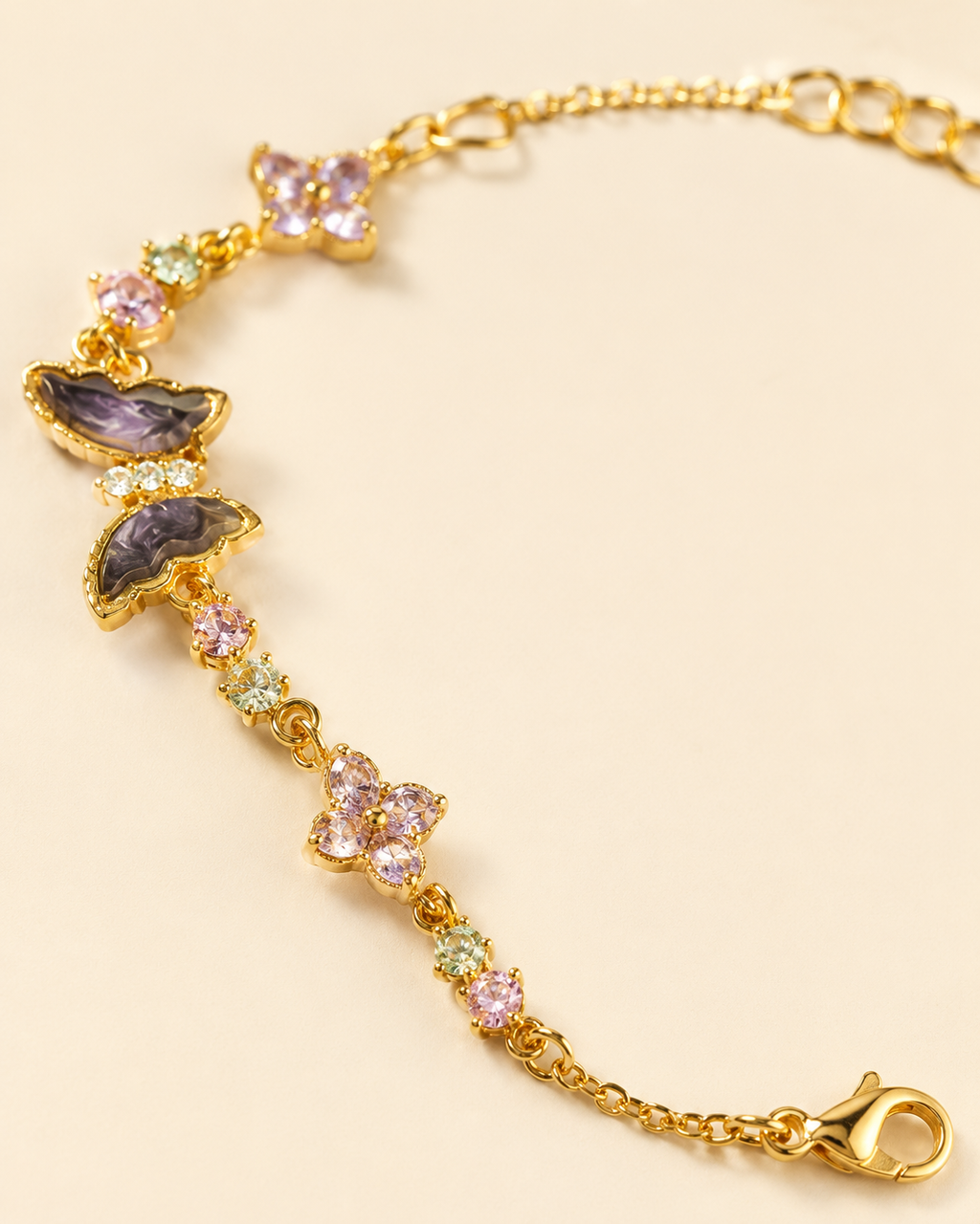 Purple Butterfly & Pink Floral Gold-Plated Bracelet
