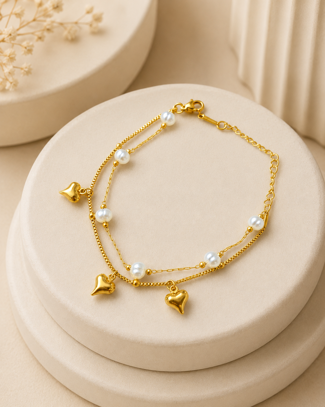 Pearl & Heart Double-Layer Gold-Plated Bracelet