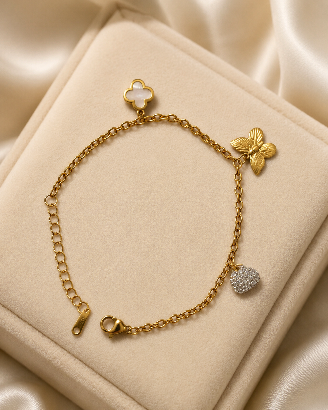 Clover, Butterfly & Crystal Heart Charm Gold-Plated Bracelet
