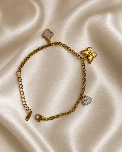 Clover, Butterfly & Crystal Heart Charm Gold-Plated Bracelet