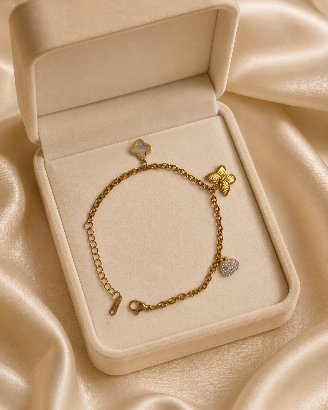 Clover, Butterfly & Crystal Heart Charm Gold-Plated Bracelet