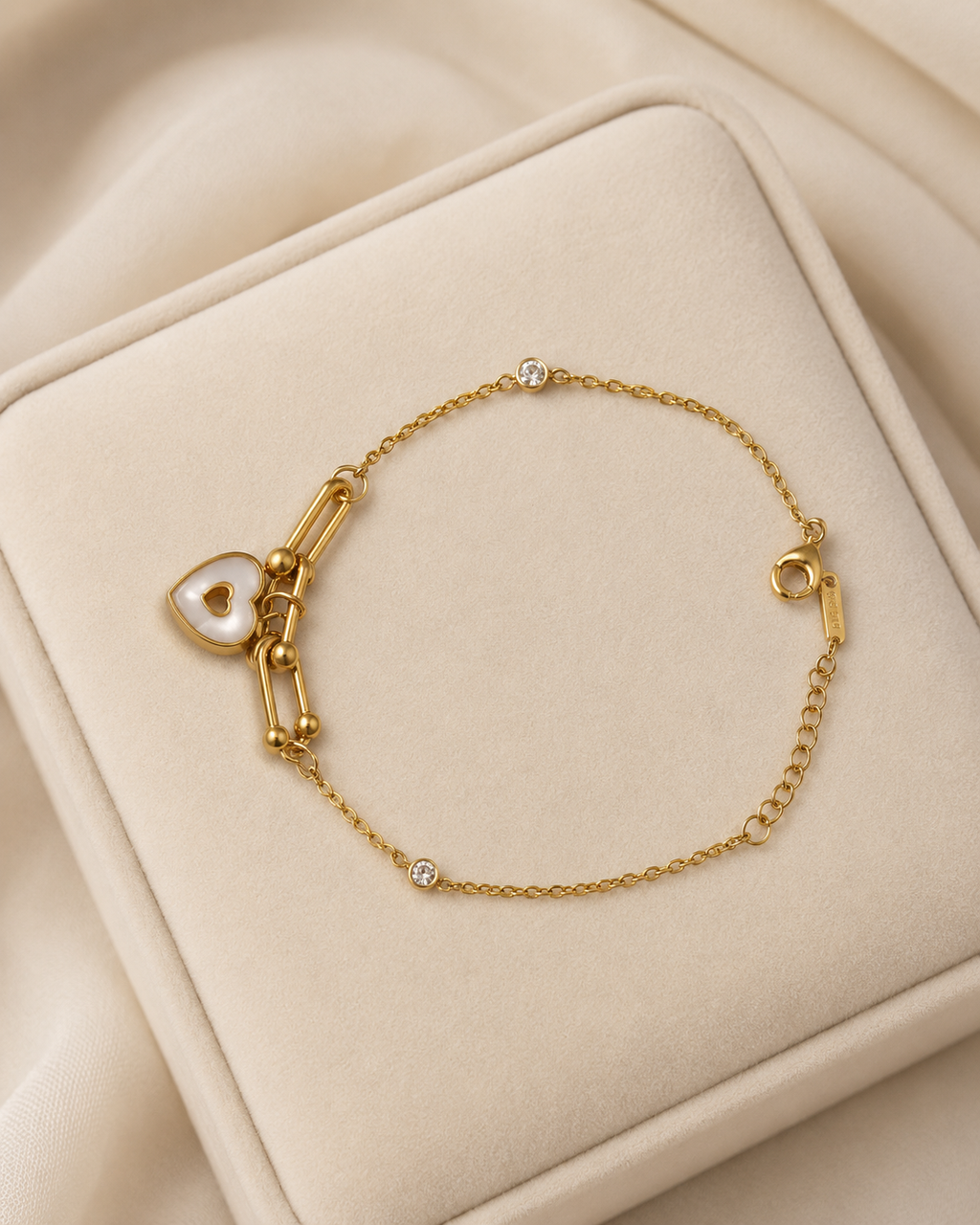 White Heart & Crystal Link Gold-Plated Bracelet