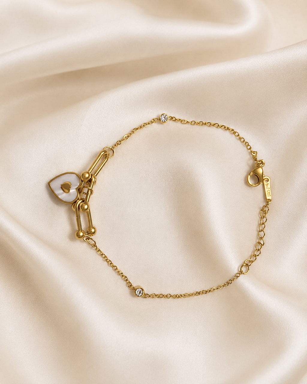 White Heart & Crystal Link Gold-Plated Bracelet