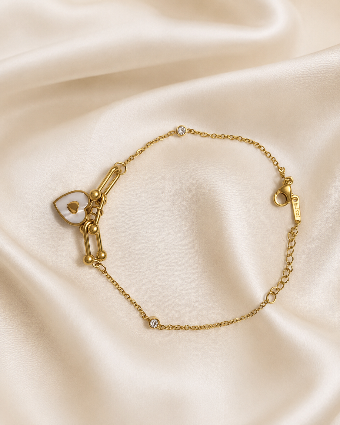 White Heart & Crystal Link Gold-Plated Bracelet