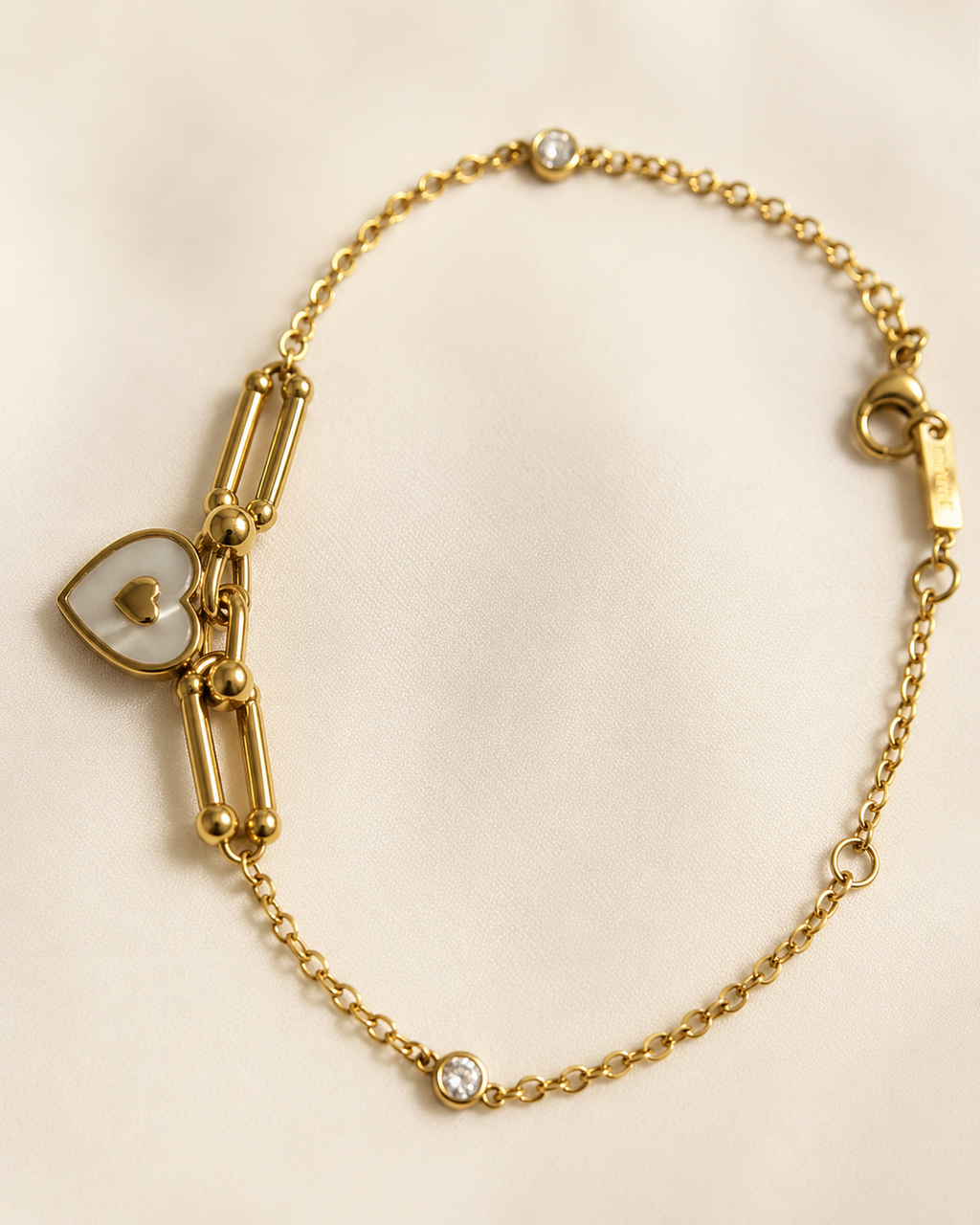 White Heart & Crystal Link Gold-Plated Bracelet
