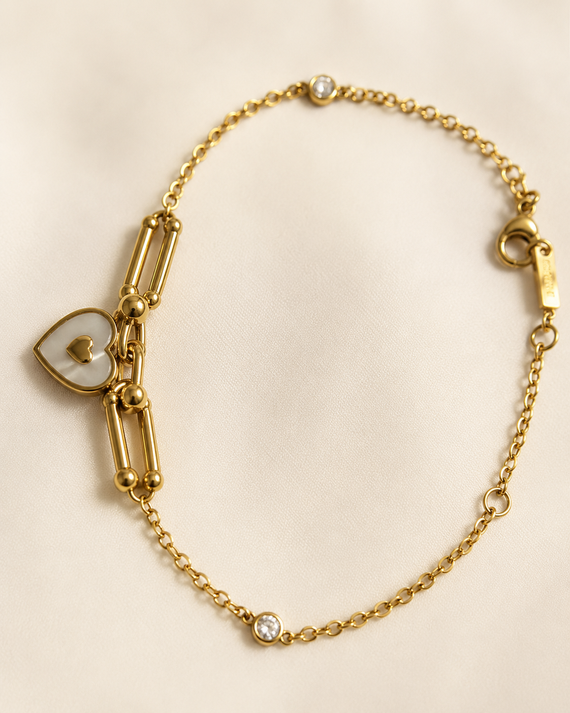 White Heart & Crystal Link Gold-Plated Bracelet