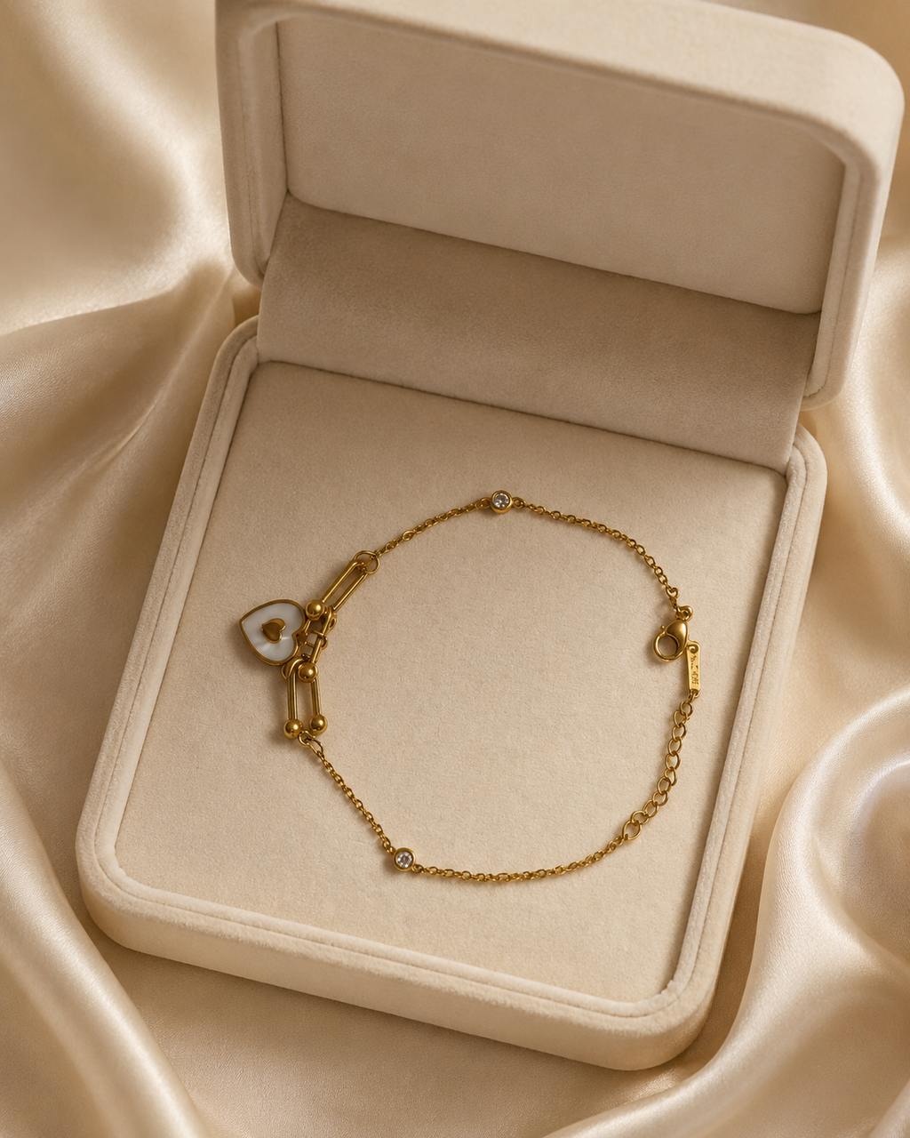 White Heart & Crystal Link Gold-Plated Bracelet