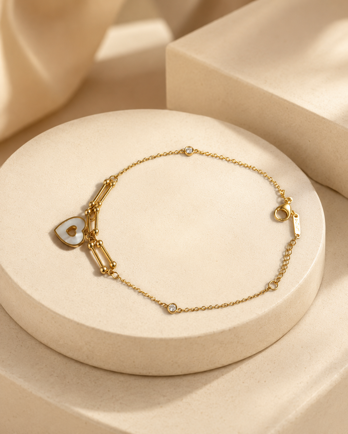 White Heart & Crystal Link Gold-Plated Bracelet