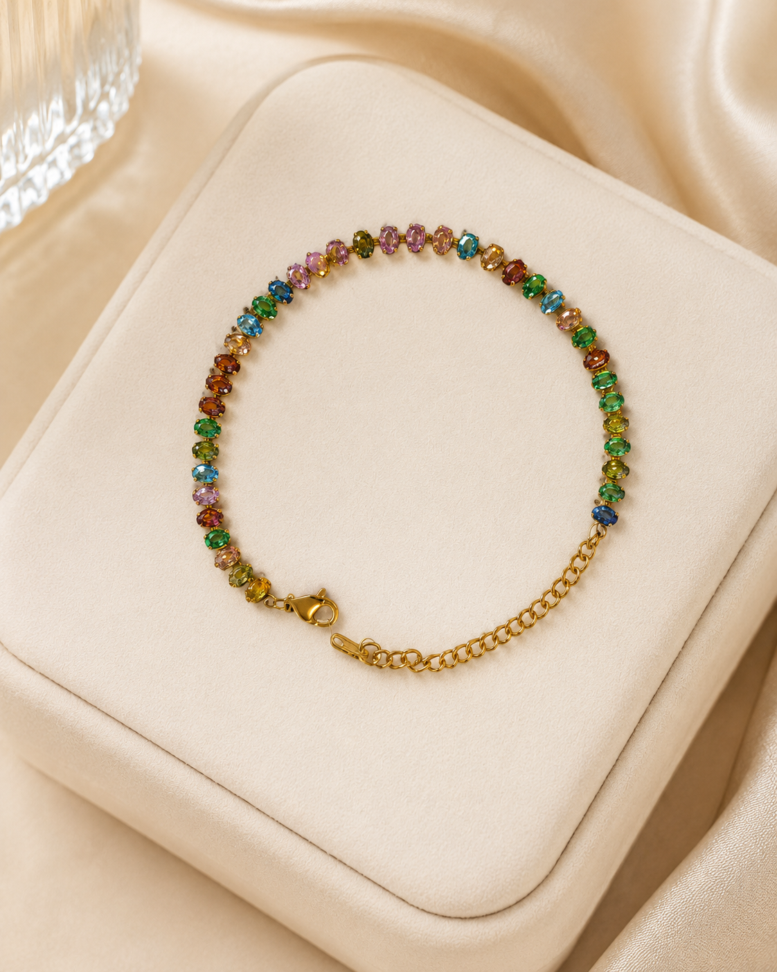 Multicolour Oval Crystal Tennis Gold-Plated Bracelet