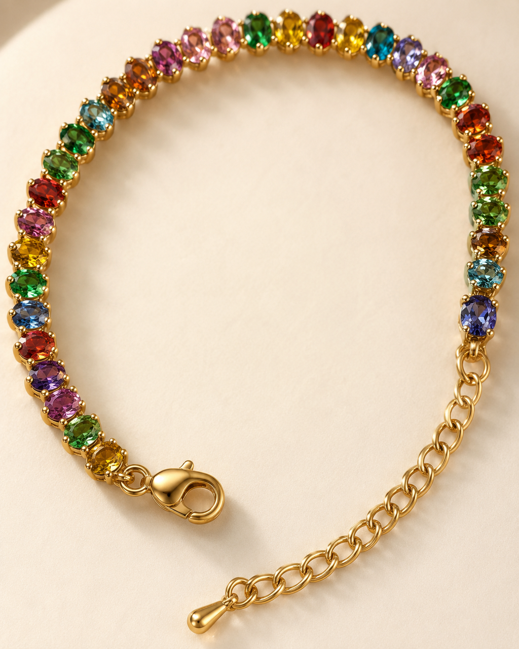 Multicolour Oval Crystal Tennis Gold-Plated Bracelet