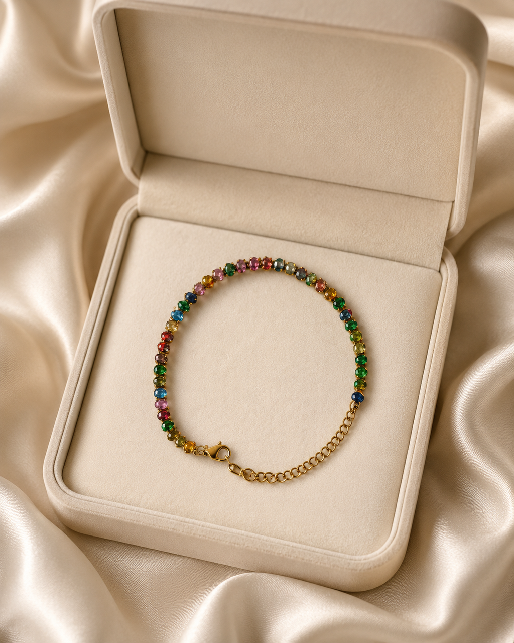 Multicolour Oval Crystal Tennis Gold-Plated Bracelet