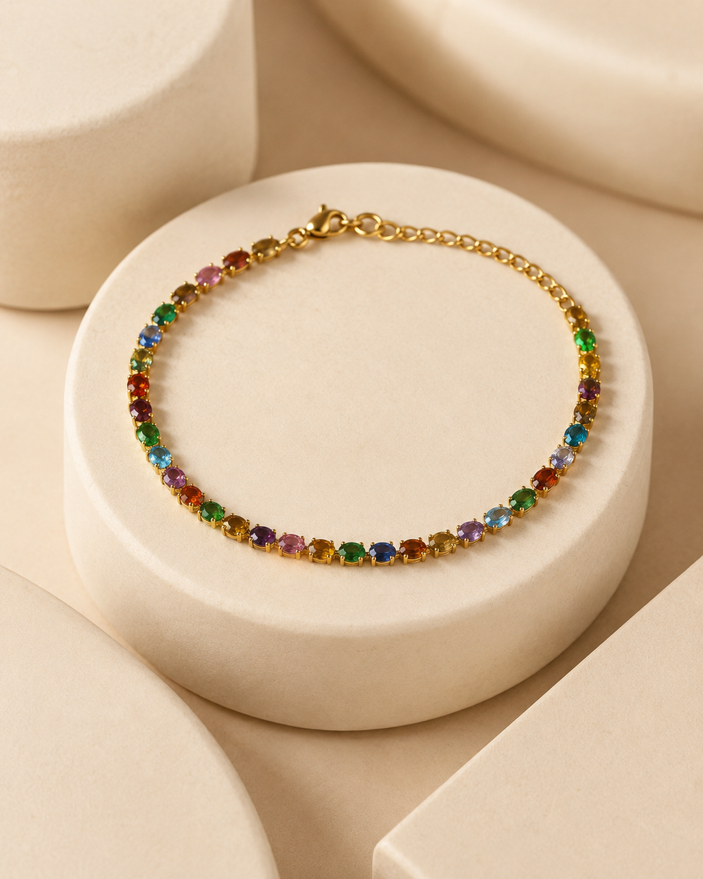 Multicolour Oval Crystal Tennis Gold-Plated Bracelet