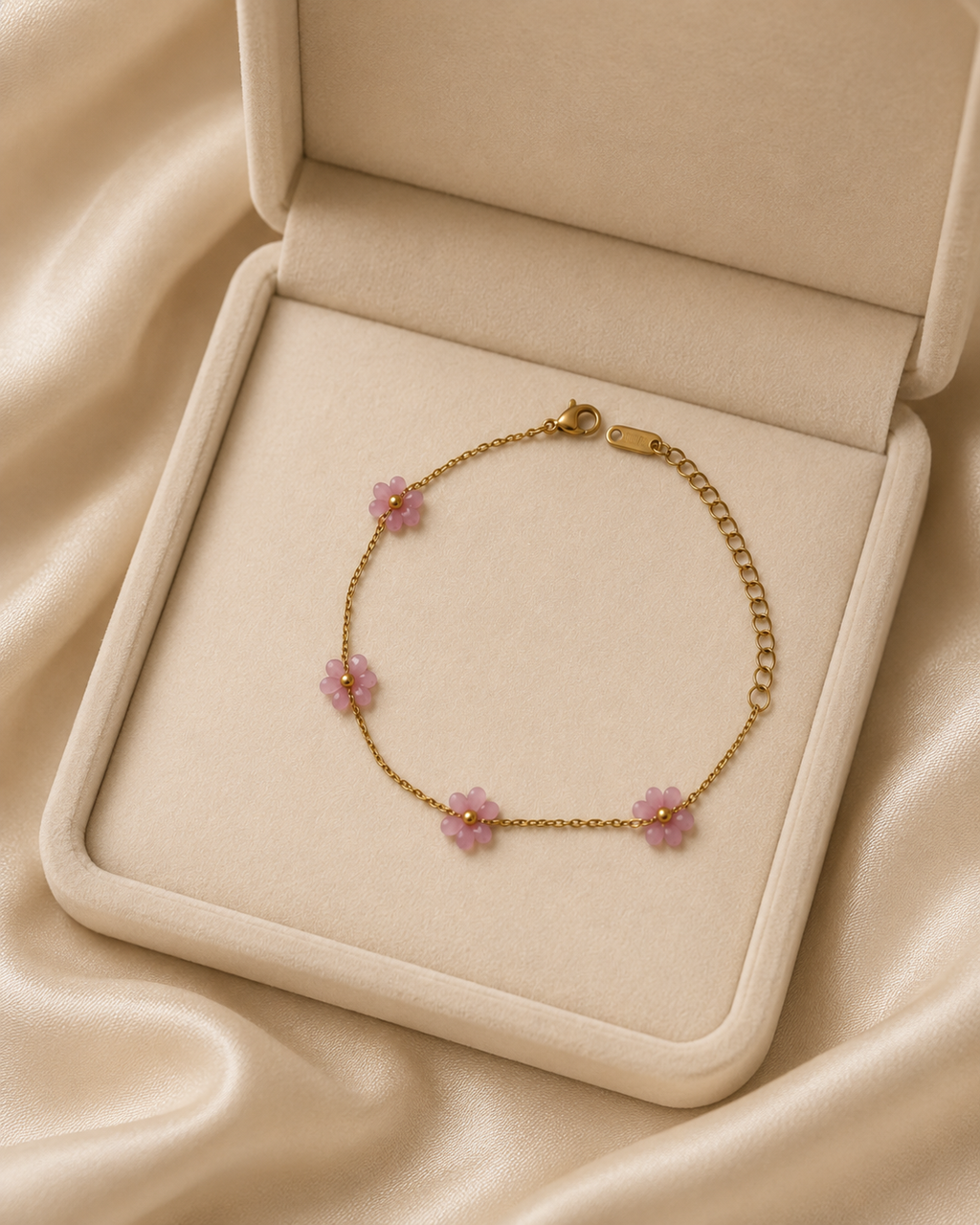 Pink Beaded Flower Gold-Plated Bracelet