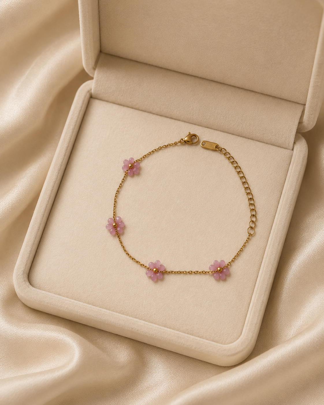 Pink Beaded Flower Gold-Plated Bracelet