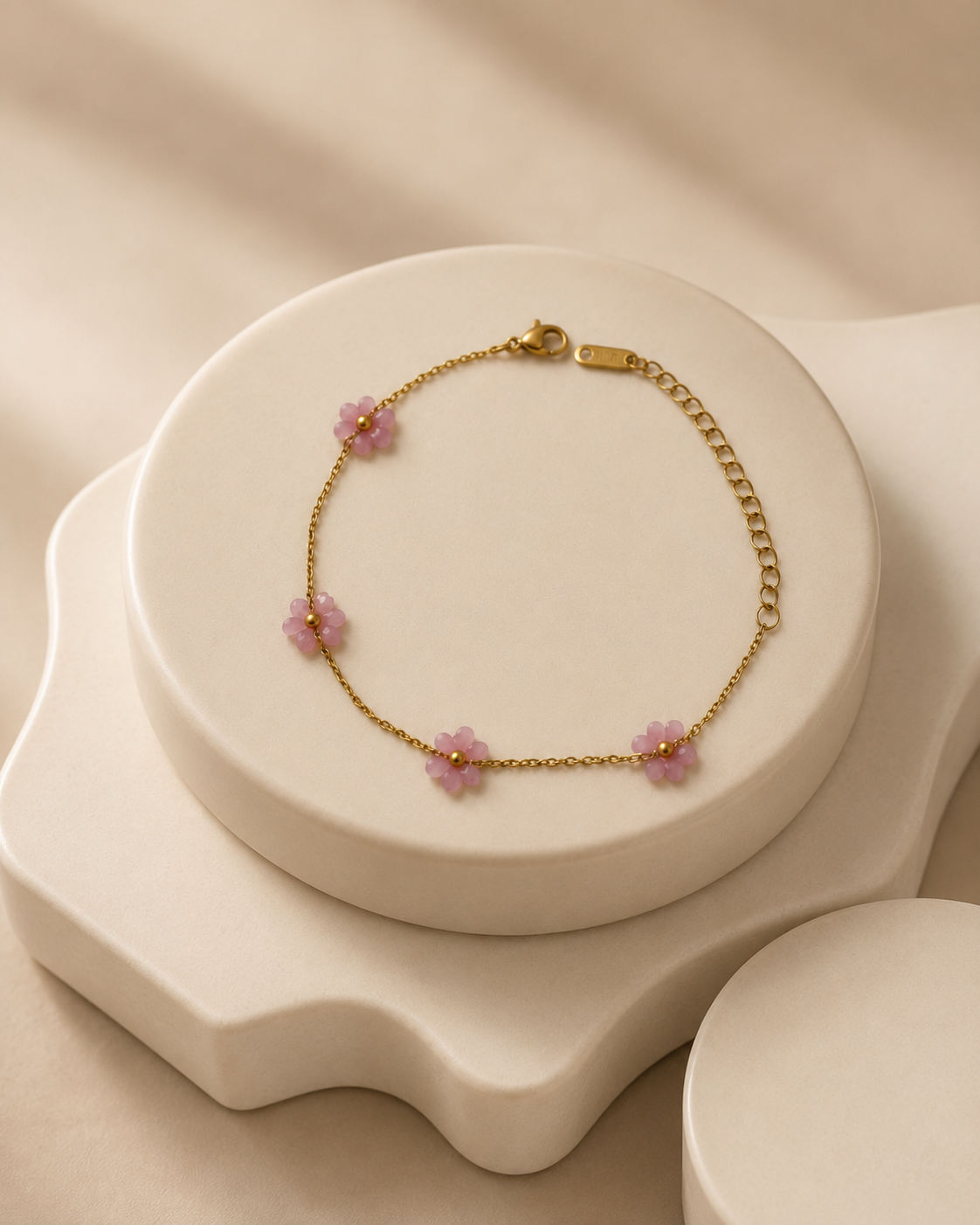 Pink Beaded Flower Gold-Plated Bracelet