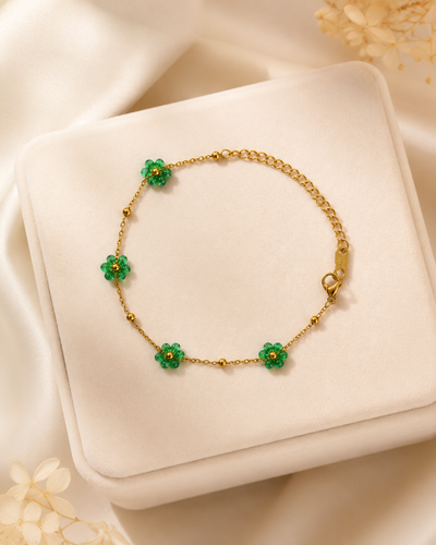 Green Beaded Flower Gold-Plated Bracelet