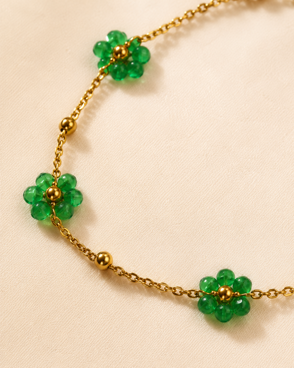 Green Beaded Flower Gold-Plated Bracelet