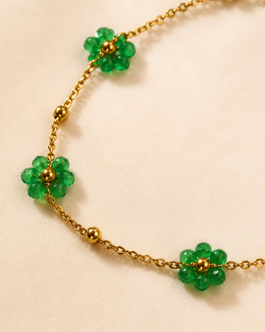 Green Beaded Flower Gold-Plated Bracelet